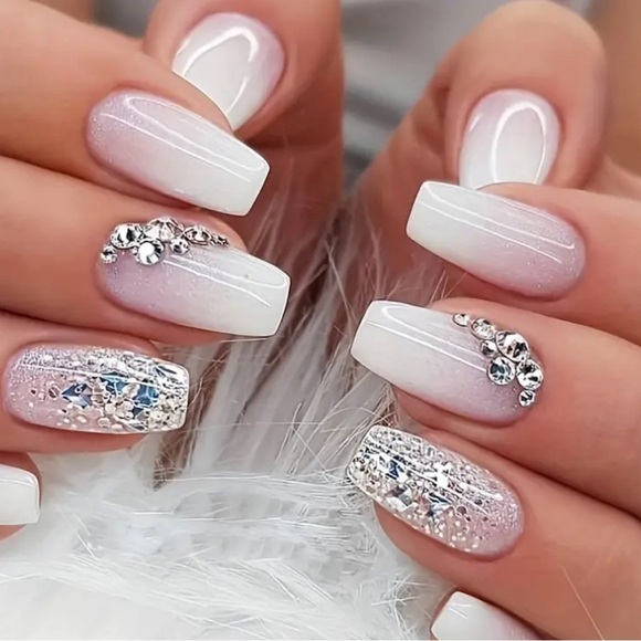 24 Pcs Glossy Short Coffin Press On Nails Pink And White French Style - Picture 1 of 4